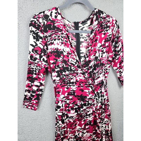 Rena Lange Pink Black White Abstract Print Dress US 12 EU 38 Ruched V Neck Chic - Picture 5 of 13
